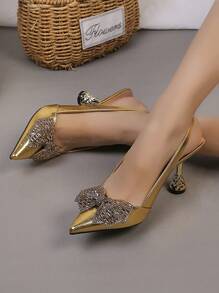 Women's High Heels Pumps, Pointed Toe Sexy Stiletto, Fashion Bow & Rhinestone Embellished, Elegant, Party Outfits - Gold - View 3