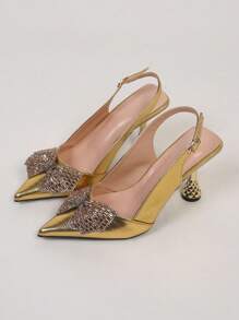 Women's High Heels Pumps, Pointed Toe Sexy Stiletto, Fashion Bow & Rhinestone Embellished, Elegant, Party Outfits - Gold - View 4