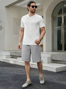 Manfinity Homme 男士素色斜口袋百慕大短褲 - 淺灰色 - 查看 4