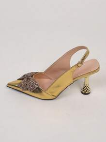 Women's High Heels Pumps, Pointed Toe Sexy Stiletto, Fashion Bow & Rhinestone Embellished, Elegant, Party Outfits - Gold - View 7