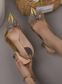 Women's High Heels Pumps, Pointed Toe Sexy Stiletto, Fashion Bow & Rhinestone Embellished, Elegant, Party Outfits - Gold - View 8
