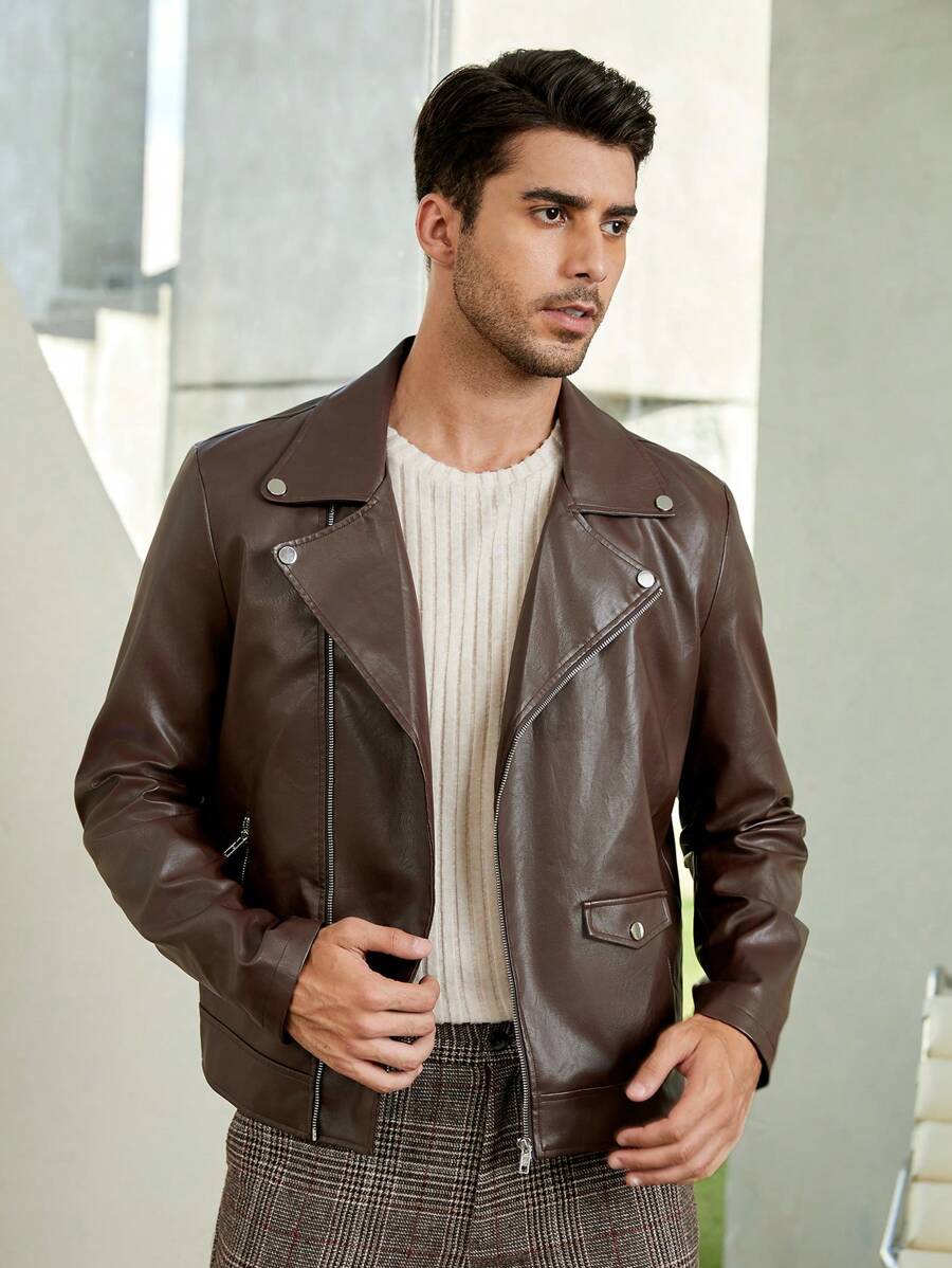 GENTILAND Loose Fit Men Zip Up PU Leather Motorcycle Jacket - Chocolate Brown - View 1