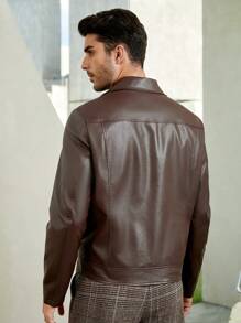 GENTILAND Loose Fit Men Zip Up PU Leather Motorcycle Jacket - Chocolate Brown - View 2