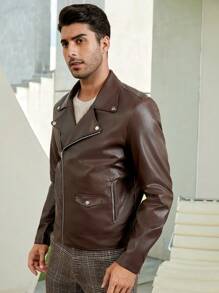 GENTILAND Loose Fit Men Zip Up PU Leather Motorcycle Jacket - Chocolate Brown - View 4