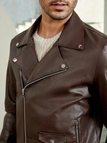 GENTILAND Loose Fit Men Zip Up PU Leather Motorcycle Jacket - Chocolate Brown - View 7