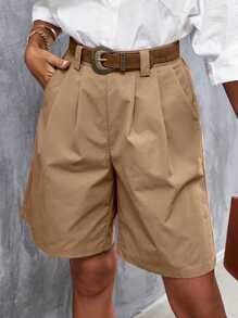 SHEIN Frenchy Shorts unicolor con bolsillo oblicuo con diseño de fruncido sin cinturón - Caqui - Ver 2