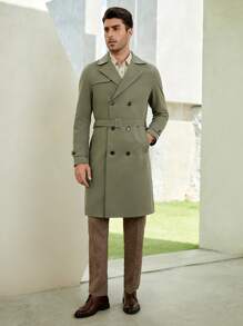 GENTILAND Loose Fit Men's Double Breasted Belted Trench Coat - Army Green - View 2
