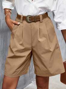 SHEIN Frenchy Shorts unicolor con bolsillo oblicuo con diseño de fruncido sin cinturón - Caqui - Ver 4