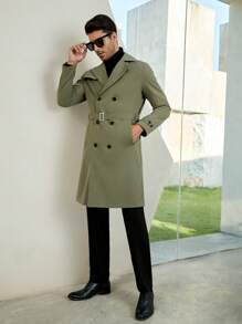 GENTILAND Loose Fit Men's Double Breasted Belted Trench Coat - Army Green - View 3