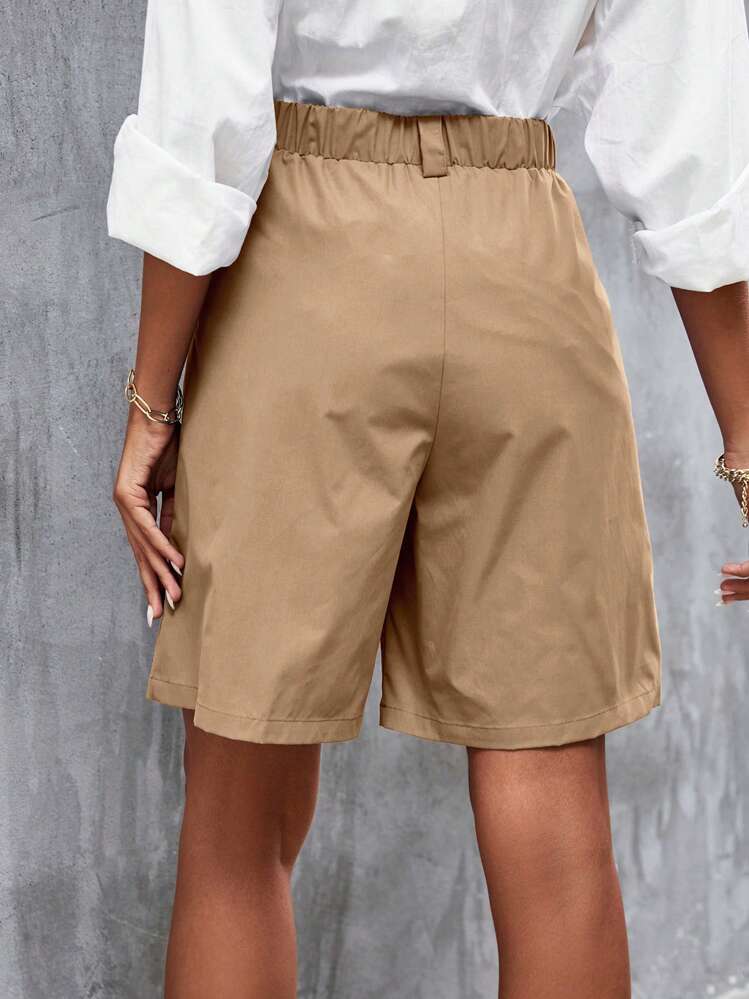 SHEIN Frenchy Shorts unicolor con bolsillo oblicuo con diseño de fruncido sin cinturón - Caqui - Añade 5