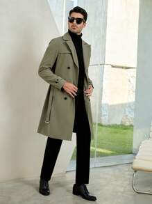GENTILAND Loose Fit Men's Double Breasted Belted Trench Coat - Army Green - View 6