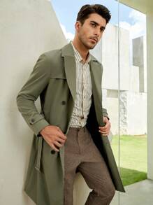 GENTILAND Loose Fit Men's Double Breasted Belted Trench Coat - Army Green - View 8