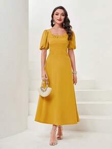 Modelyn Vestido línea A de manga farol - Mostaza Amarilla - Ver 5