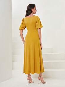 Modelyn Vestido línea A de manga farol - Mostaza Amarilla - Ver 2