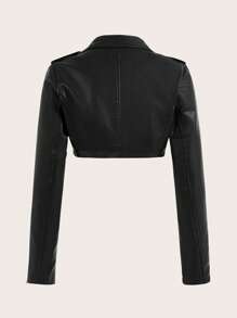 SHEIN ICON Zip Up Crop PU Leather Biker Jacket - Black - View 3