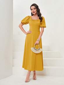 Modelyn Vestido línea A de manga farol - Mostaza Amarilla - Ver 1