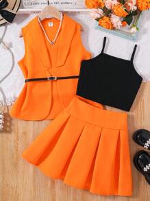 Sparklyn 女大童素色吊帶上衣和百褶半身裙和青果領腰帶外套馬甲 - 橘色 - 查看 1