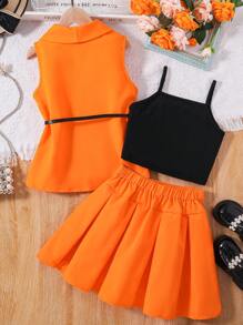 Sparklyn 女大童素色吊帶上衣和百褶半身裙和青果領腰帶外套馬甲 - 橘色 - 查看 2