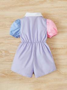SHEIN 女嬰拼接領泡泡袖半排扣襯衫連體短褲 - 紫丁香色 - 查看 2