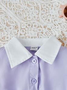 SHEIN 女嬰拼接領泡泡袖半排扣襯衫連體短褲 - 紫丁香色 - 查看 4