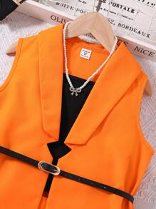 Sparklyn 女大童素色吊帶上衣和百褶半身裙和青果領腰帶外套馬甲 - 橘色 - 查看 5