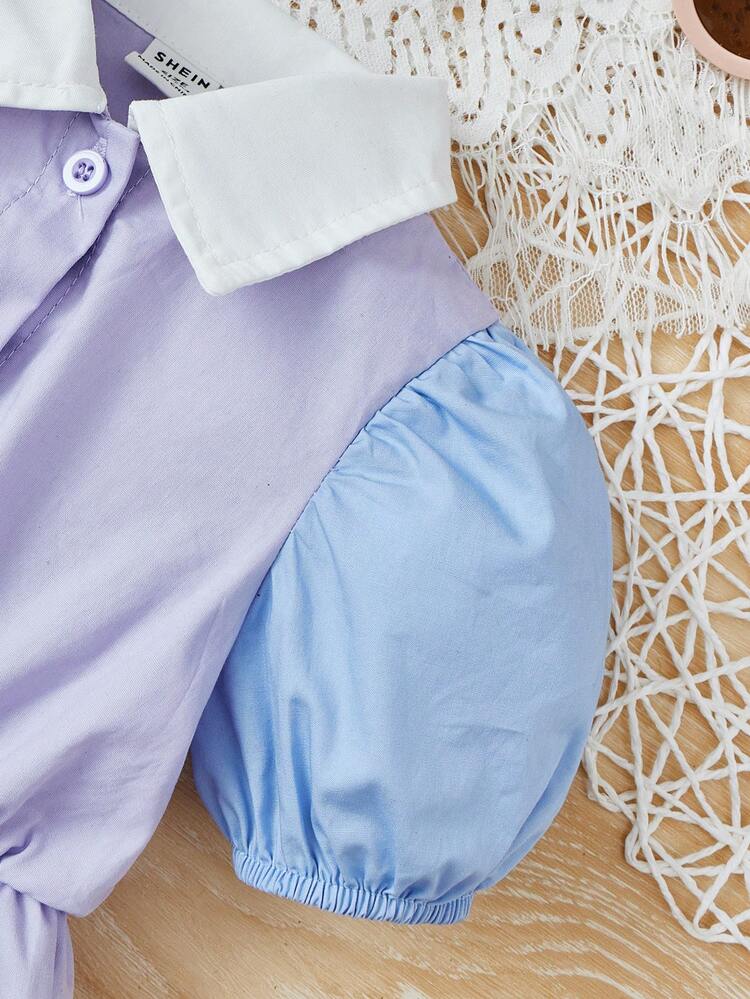 SHEIN 女嬰拼接領泡泡袖半排扣襯衫連體短褲 - 紫丁香色 - 查看 5