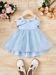 SHEIN Baby Girl Dobby Mesh Overlay Bow Front Dress - Baby Blue - View 1