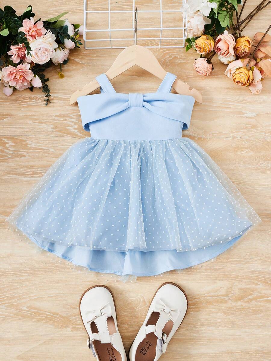 SHEIN Baby Girl Dobby Mesh Overlay Bow Front Dress - Baby Blue - View 1