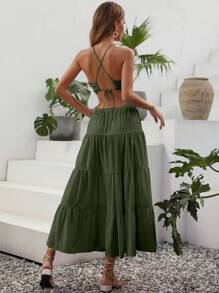 SHEIN VCAY Lace Up Backless Ruffle Hem Cami Dress - Army Green - View 2