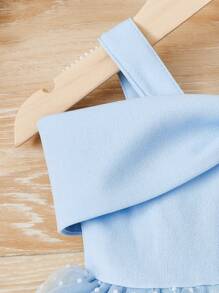 SHEIN Baby Girl Dobby Mesh Overlay Bow Front Dress - Baby Blue - View 3