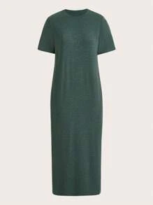 SHEIN BASICS Vestido camiseta unicolor - Verde Oscuro - Ver 1