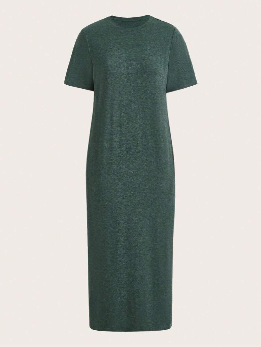 SHEIN BASICS Vestido camiseta unicolor - Verde Oscuro - Ver 1