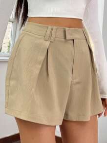 SHEIN EZwear Plicated Detail Wide Leg Shorts - Apricot - View 4