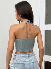SHEIN EZwear Ruched Bust Tie Backless Halter Top - Dusty Blue - View 2