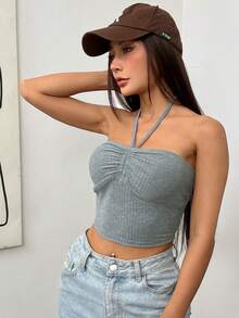 SHEIN EZwear Ruched Bust Tie Backless Halter Top - Dusty Blue - View 4