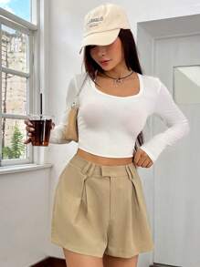 SHEIN EZwear Plicated Detail Wide Leg Shorts - Apricot - View 6