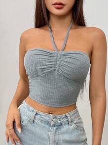 SHEIN EZwear Ruched Bust Tie Backless Halter Top - Dusty Blue - View 5