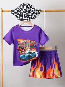 SHEIN 男小童車&火圖案T恤和短褲&帽