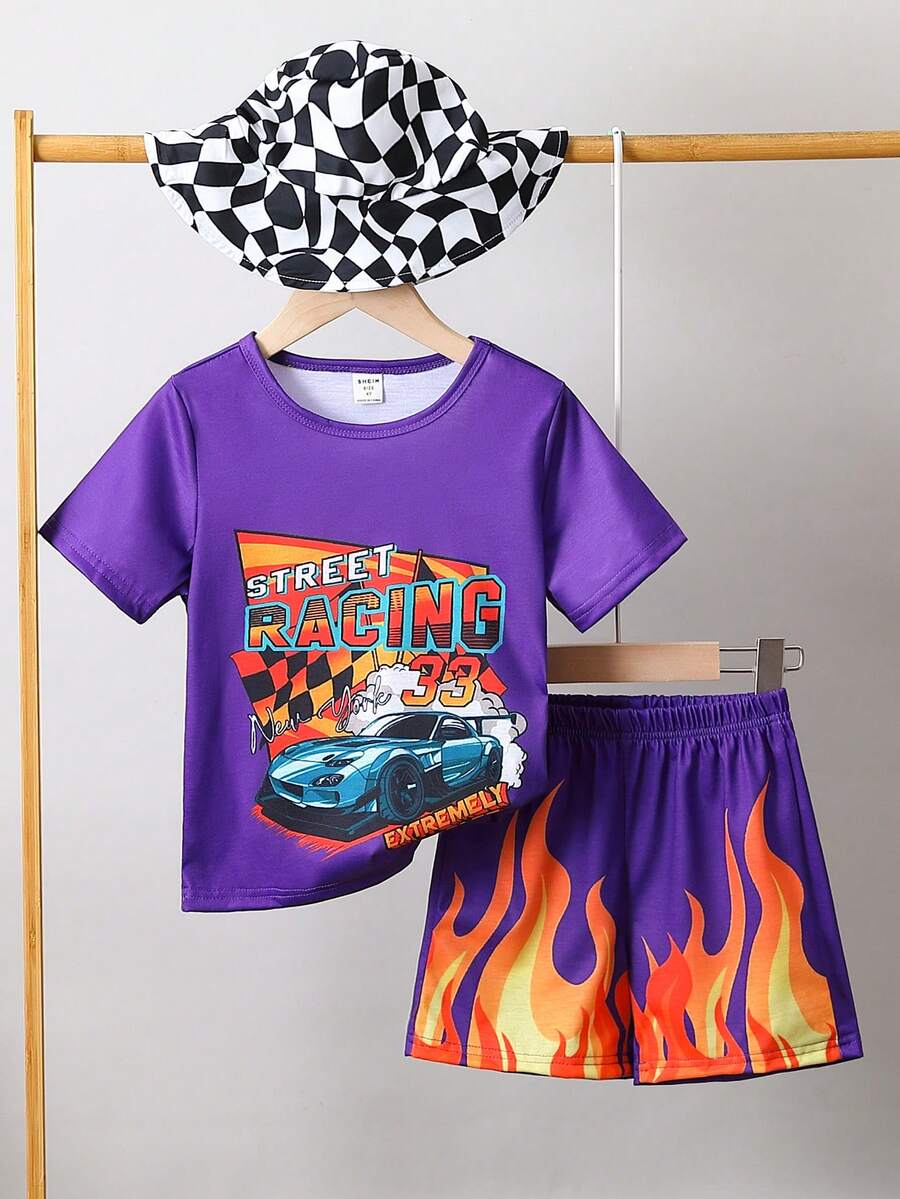 SHEIN 男小童車&火圖案T恤和短褲&帽