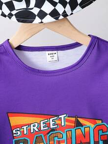 SHEIN 男小童車&火圖案T恤和短褲&帽