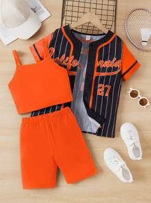 SHEIN Tween Girl Striped & Letter Graphic Blouse & Shorts & Cami Top - Orange - View 1