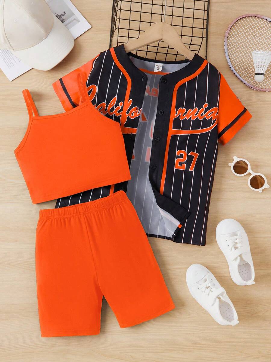 SHEIN Tween Girl Striped & Letter Graphic Blouse & Shorts & Cami Top - Orange - View 1
