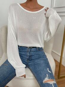 SHEIN Frenchy 珍珠串珠後扭結落肩袖套頭毛衣 - 白色 - 查看 4