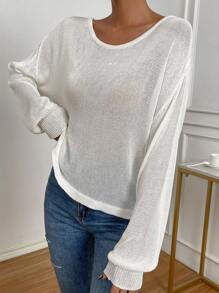 SHEIN Frenchy 珍珠串珠後扭結落肩袖套頭毛衣 - 白色 - 查看 5