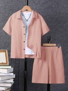 SHEIN Tween Boy Solid Button Front Shirt & Shorts Without Tee - Coral Pink - View 1