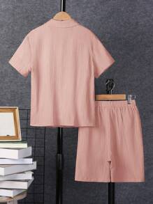 SHEIN Tween Boy Solid Button Front Shirt & Shorts Without Tee - Coral Pink - View 2