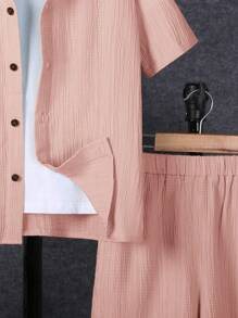 SHEIN Tween Boy Solid Button Front Shirt & Shorts Without Tee - Coral Pink - View 3