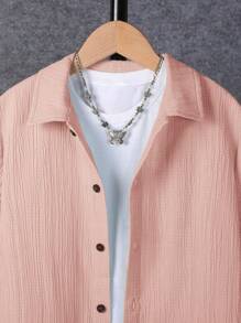 SHEIN Tween Boy Solid Button Front Shirt & Shorts Without Tee - Coral Pink - View 4