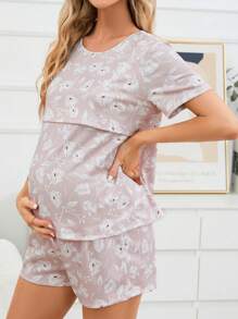 Maternity Floral Print Nursing Tee & Shorts PJ Set - Dusty Pink - View 1