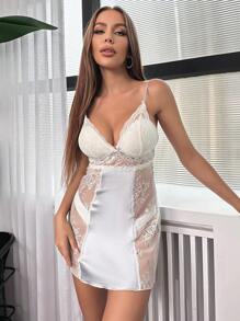 蕾絲拼接吊帶睡裙 - 白色 - 查看 1